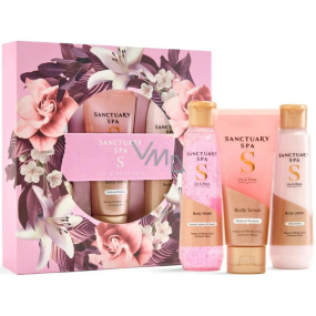 Sanctuary Spa Lilie & Růže trio sprchový gel 150 ml + tělový peeling 100 ml + tělové mléko 150 ml, kosmetická sada pro ženy