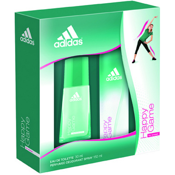 Adidas Happy Game toaletná voda 30 ml + dezodorant sprej 150 ml, pre ženy darčeková sada