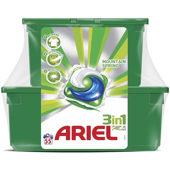 Ariel 3v1 Mountain Spring gélové kapsule na pranie bielizne 23 kusov + 32 kusov
