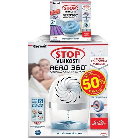 Ceresit Stop vlhkosti Aero 360 pohlcovač vlhkosti komplet biely 450 g + Ceresit Stop vlhkosti Aero 360 Levanduľa náhradnú tablety 2 x 450 g