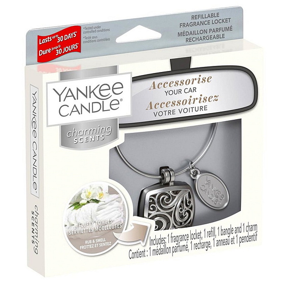 Yankee Candle Fluffy Towels - Nadýchané osušky vôňa do auta kovová strieborná visačka Charming Scents set Square 13 x 15 cm, 90 g