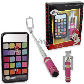 Disney Minnie Make Up Phone & Selfie Stick make-up paletka s krémovými tiene na oči, lesky na pery, a zrkadlom 2 g + ružová selfie tyč pre deti, kozmetická sada