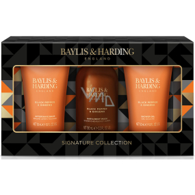 Baylis & Harding Sprchový gél s čiernym korením a ženšenom 50 ml + balzam po holení 50 ml + umývací gél na telo a vlasy 2v1 100 ml, kozmetická sada pre mužov