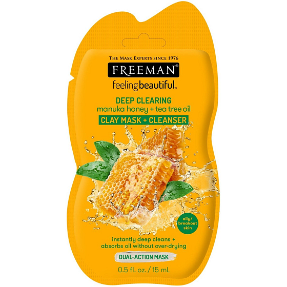 Freeman Feeling Beautiful Manukový med a Tea Tree olej kaolínové čistiaca ílová maska pre mastnú a poničenú pleť 15 ml