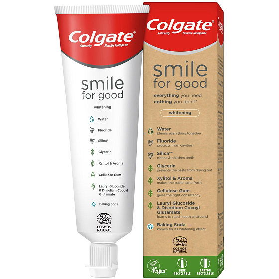 Colgate Smile for Good Protection Whitening recyklovateľná, vegánska zubná pasta, obsahuje 99,7% zložiek prírodného pôvodu 75 ml