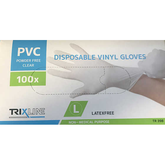 Trixline Rukavice hygienické jednorázové vinylové nepúdrované, veľkosť L, box 100 kusov