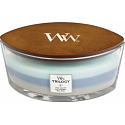 WoodWick Trilogy Woven Comforts - Hrejivá komfortná vonná sviečka s dreveným širokým knôtom a skleneným viečkom 453 g