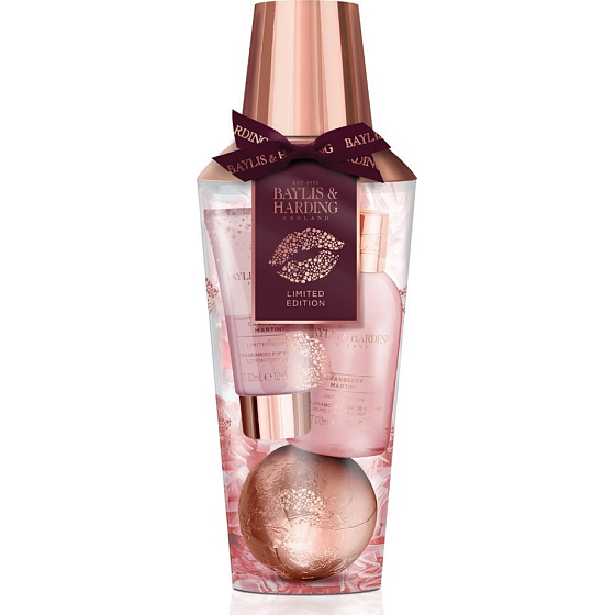 Baylis & Harding Brusnicové Martini sprchový gél 100 ml + telové mlieko 30 ml + šumivý balistik do kúpeľa 100 g, kozmetická sada