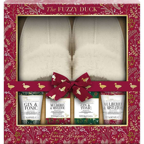 Baylis & Harding Fuzzy Duck Winter Wonderland kryštáliky do vodného kúpeľa na nohy 100 g + mydlo 100 g + mlieko na nohy 50 ml + umývací gél 50 ml + papuče, kozmetická sada pre ženy