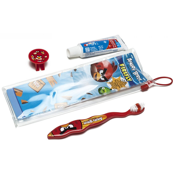 Angry Birds Mäkký kefka na zuby s krytkou + zubná pasta 24 g + púzdro, pre deti cestovná sada