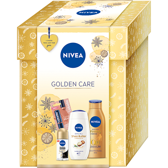 Nivea Golden Care Black & White Silky Smooth antiperspirant 50 ml + sprchový gél s bambuckým maslom 250 ml + Q10 spevňujúce tónované telové mlieko 400 ml + Labello Caring Beauty farebný balzam na pery Nude 5,5 ml, kozmetická sada pre ženy