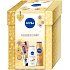 Nivea Golden Care Black & White Silky Smooth antiperspirant 50 ml + sprchový gél s bambuckým maslom 250 ml + Q10 spevňujúce tónované telové mlieko 400 ml + Labello Caring Beauty farebný balzam na pery Nude 5,5 ml, kozmetická sada pre ženy