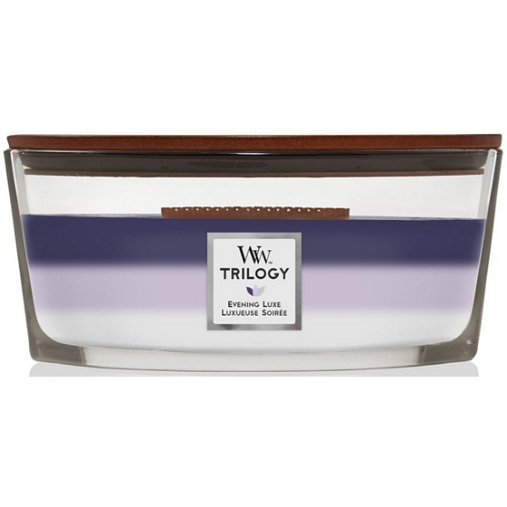 WoodWick Trilogy Evening Luxe - Večerní luxus vonná svíčka s dřevěným knotem a víčkem sklo loď 275 g