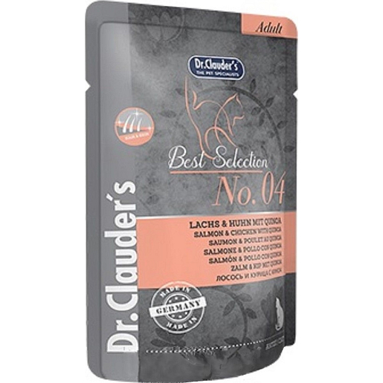 Dr. Clauders Best Selection No. 4 Kuracie mäso, losos a quinoa kompletné krmivo s kúskami mäsa pre mačky kapsička 85 g