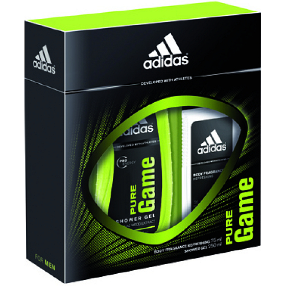Adidas Pure Game parfumovaný deodorant sklo pre mužov 75 ml + sprchový gél 250 ml, kozmetická sada