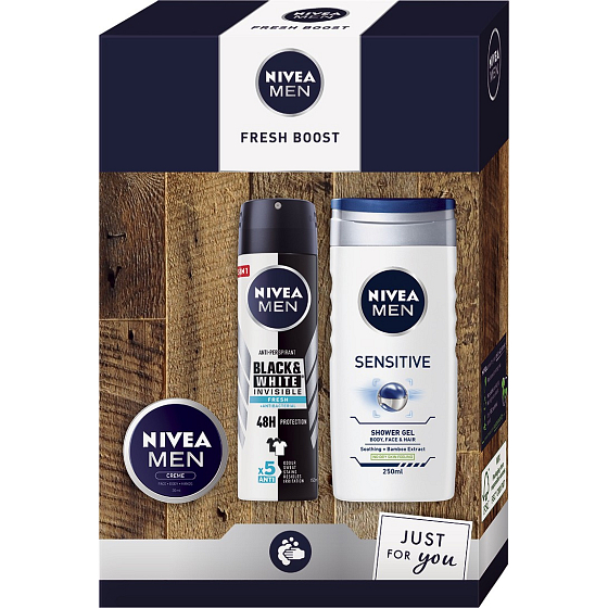 Nivea Men Fresh Boost antiperspirant dezodorant sprej 150 ml + sprchový gél 250 ml + krém 30 ml, kozmetická sada pre mužov