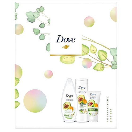 Dove Nourishing Secrets Povzbudzujúce Rituál Avokádový olej + extrakt z nechtíka lekárskeho sprchový gél 250 ml + telové mlieko 250 ml + krém na ruky 75 ml, kozmetická sada