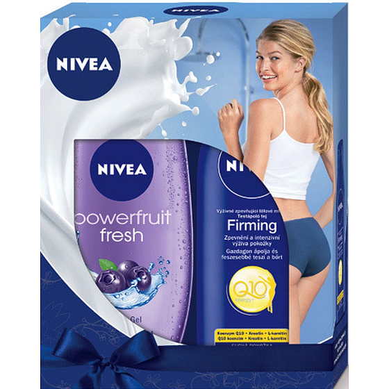 Nivea Powerfruit Fresh osviežujúci sprchový gél 250 ml + Q10 Plus Firming výživné spevňujúce telové mlieko pre suchú pokožku 250 ml, pre ženy kozmetická sada