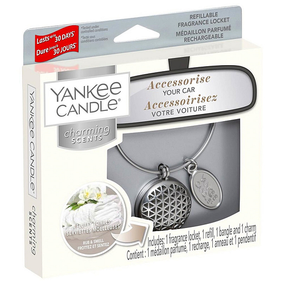 Yankee Candle Fluffy Towels - Nadýchané osušky vôňa do auta kovová strieborná visačka Charming Scents set Geometric 13 x 15 cm, 90 g