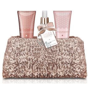 Baylis & Harding Jojoba, Hodváb a Mandľový olej sprchový gél 100 ml + mlieko na ruky a telo 100 ml + telový sprej 100 ml + ružová flitrové kabelka, kozmetická sada