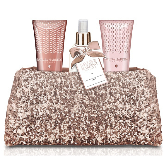 Baylis & Harding Jojoba, Hodváb a Mandľový olej sprchový gél 100 ml + mlieko na ruky a telo 100 ml + telový sprej 100 ml + ružová flitrové kabelka, kozmetická sada