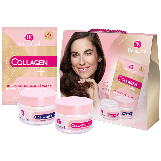 Dermacol Collagen + Rejuvenating SPF 10 intenzívny omladzujúci denný krém 50 ml + Collagen + Rejuvenating nočný krém 50 ml + Collagen + Intensive Rejuvenating pleťová maska 2 x 8 g, kozmetická sada