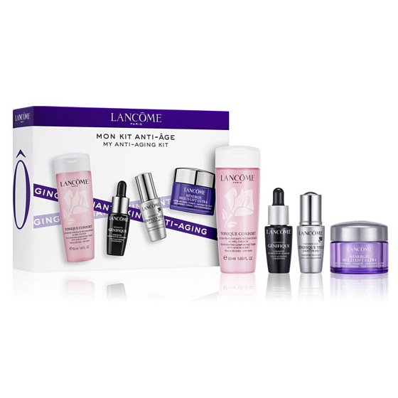 Lancome Tonique Confort hydratačné a upokojujúce tonikum pre suchú pleť 50 ml + Génifique Yeux Light Pearl sérum na oči a riasy 5 ml + Rénergie Multi-Lift Ultra spevňujúce a liftingový denný krém 15 ml + Advanced Génifique omladzujúce sérum 7 ml, kozmetická sada