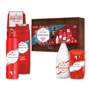 Old Spice White Water Wooden antiperspirant dezodorant stick 50 ml + dezodorant sprej 150 ml + sprchový gél 250 ml + voda po holení 100 ml + ponožky + drevený box, kozmetická sada pre mužov