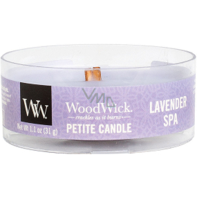 Woodwick Lavender Spa - Levanduľové kúpele vonná sviečka s dreveným knôtom petite 31 g