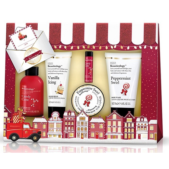Baylis & Harding Červená kolekcia pepermintový vír tekuté telové mydlo 50 ml + Sladká tyčinka sprchový gél 60 ml + Vanilková poleva krém na ruky 30 ml + pepermintový vír kryštáliky do kúpeľa 70 g + Sladká tyčinka pomáda na pery 5 g, kozmetická sada