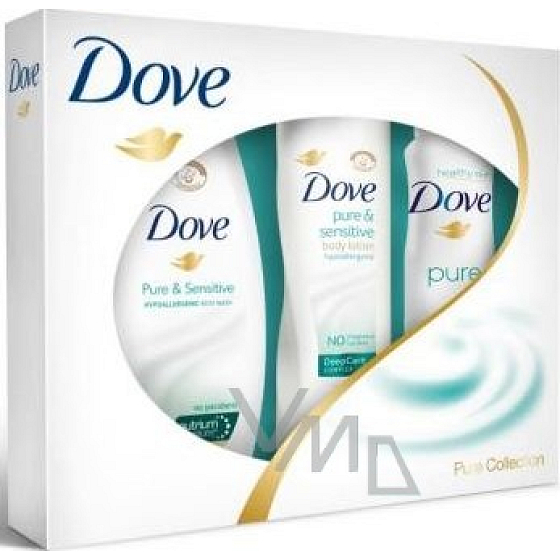 Dove Pure & Sensitive dezodorant sprej 150 ml + Sprchový gel250 ml + Tělobé mlieko 250 ml, kozmetická sada