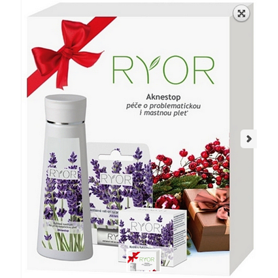 Ryor Aknestop Bylinné tonikum na problematickú pleť 200 ml, Krém s fytosfingozínom na problematickú pleť 50 ml, antiakné roll-on na problematickú pleť 5 ml, kozmetická sada