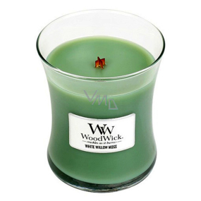 Woodwick White Willow Moss - Vrba a Mach vonná sviečka s dreveným knôtom a viečkom sklo stredná 275 g