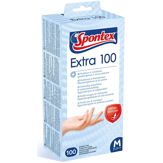 Spontex Extra 100 Rukavice jednorazové, hypoalergénne, bez púdru, vinylové, veľkosť M, box 100 kusov