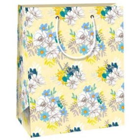 Ditipo Darčeková papierová taška 18 x 10 x 22,7 cm žltá, bielomodrá kvety QC