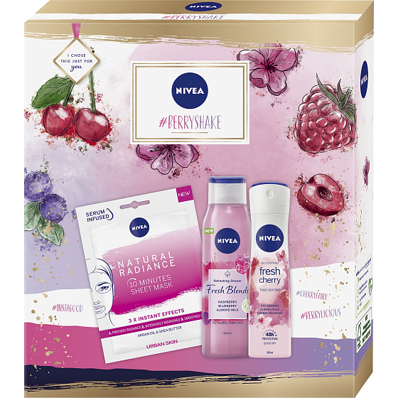 Nivea Berry Shake antiperspirant dezodorant sprej 150 ml + sprchový gél 300 ml + pleťová maska 1 kus, kozmetická súprava pre ženy