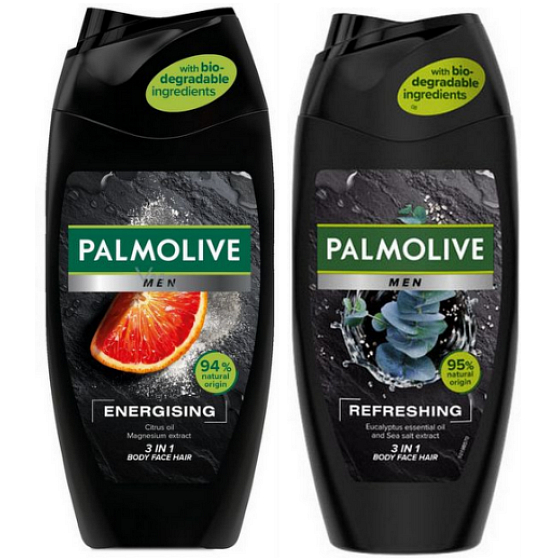 Palmolive Men Energising 3v1 sprchový gél pre mužov 250 ml + Men Refreshing 3v1 sprchový gél na telo, tvár a vlasy 250 ml, 18 ks kartón