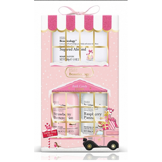 Baylis & Harding Jahodový Cupcake tekuté telové mydlo 100 ml + Malinový panna cotta sprchový krém 100 ml + Cukrová mandle mydlo 100 g Ružová kolekcia kozmetická sada starostlivosť o telo