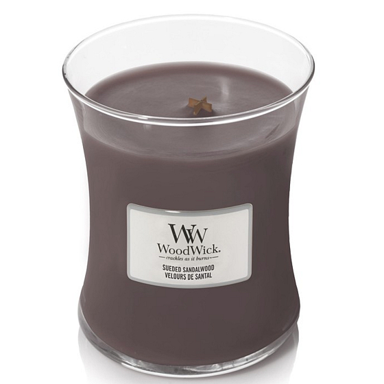 Woodwick Suede & Sandalwood - Semišové santalové drevo vonná sviečka s dreveným knôtom a viečkom sklo stredná 275 g
