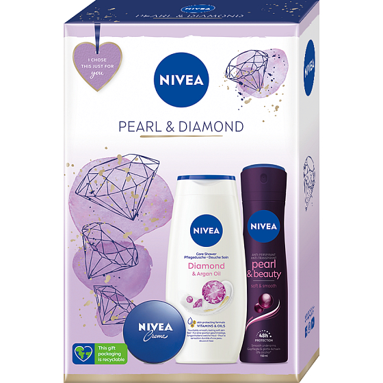Nivea Pearl & Diamond Pearl & Beauty antiperspiračný dezodorant v spreji 150 ml + sprchový gél Diamond & Argan Oil 250 ml + krém na základnú starostlivosť 30 ml, kozmetická sada pre ženy
