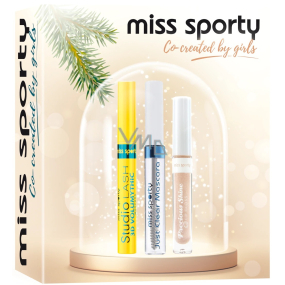 Miss Sporty Studio Lash 3D Volumythic mascara 8 ml + Precious Shine lesk na pery 15 Universal Nude 7,4 ml + Just Clear maskara bezfarebná 8 ml, kozmetická sada pre ženy