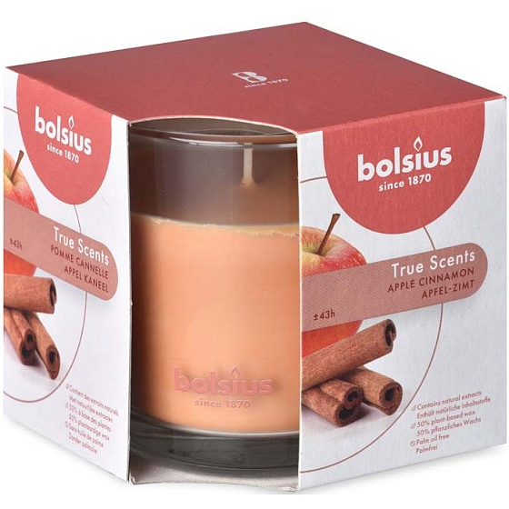 Bolsius True Scents Apple Cinammon - sviečka s vôňou jablka a škorice v skle 95 x 95 mm, doba horenia 43 hodín