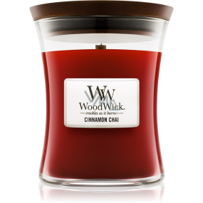 Woodwick Cinnamon Chai - Škorica a vanilka vonná sviečka s dreveným knôtom a viečkom sklo malá 85 g