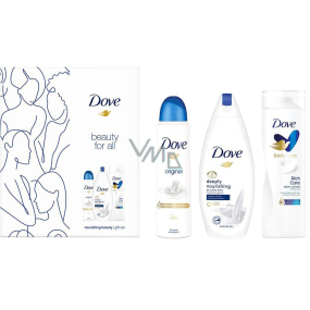 Dove Beauty For All Deeply Nourishing sprchový gél 250 ml + Rich Care telové mlieko 250 ml + Original antiperspirant sprej 150 ml, kozmetická sada
