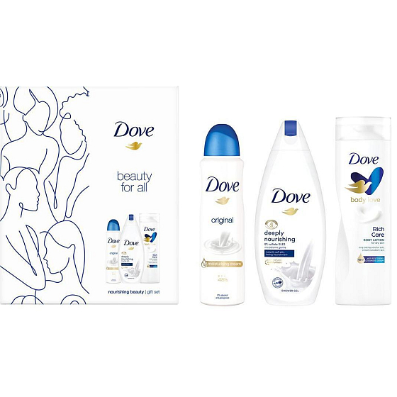 Dove Beauty For All Deeply Nourishing sprchový gél 250 ml + Rich Care telové mlieko 250 ml + Original antiperspirant sprej 150 ml, kozmetická sada