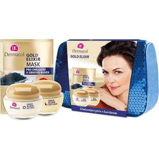 Dermacol Gold Elixir Omladzujúci kaviárový denný krém 50 ml + nočný krém 50 ml + pleťová maska s výťažkom z kaviáru 16 ml + taštička 1 kus, kozmetická sada