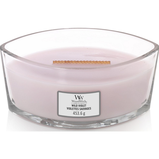 Woodwick Wild Violet - Divoká fialka vonná sviečka s dreveným širokým knôtom a viečkom loď 453 g
