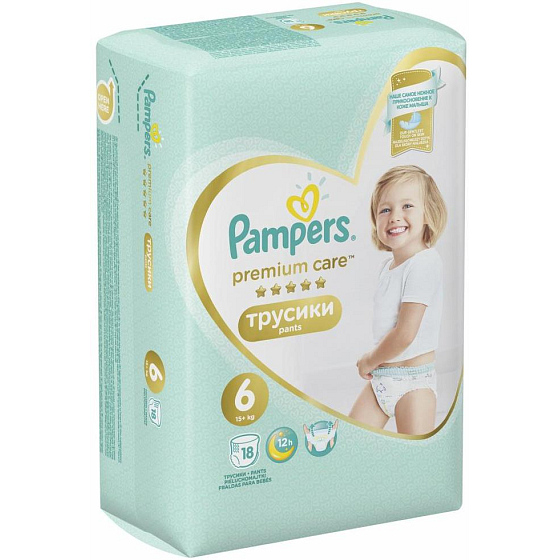 Pampers Premium Care veľkosť 6, 15+ kg plienkové nohavičky 18 kusov