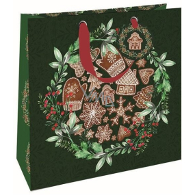 Nekupto Darčeková papierová taška 32,5 x 32,5 x 14 cm Vianočný perník zelený