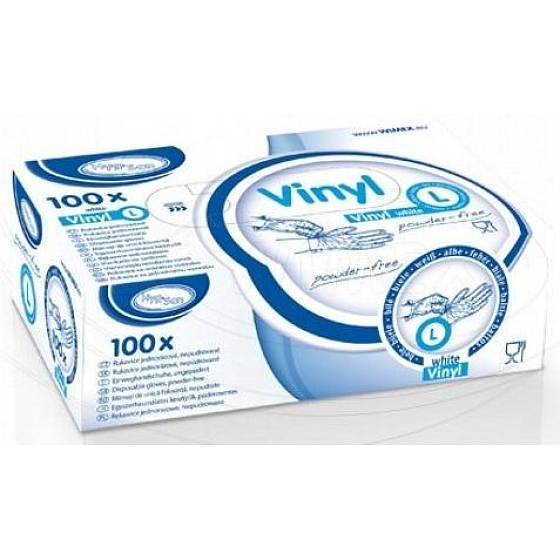 WIMEX Rukavice hygienické jednorázové vinylové nepúdrované biele, veľkosť L, box 100 kusov